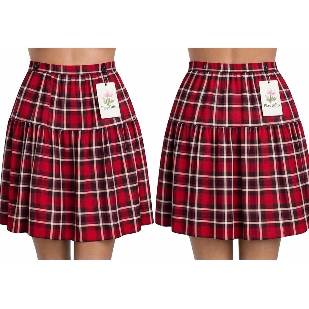 Tulip B Plaid‎ Midi Skirt XL Red Tartan Pleated Preppy Cottagecore Pockets NWT